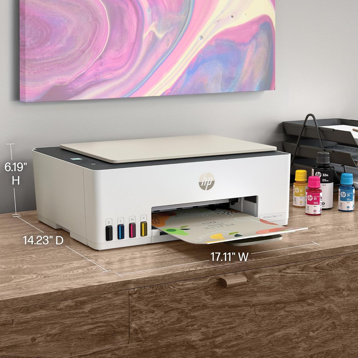 HP Smart Tank 5103 Wireless All-In-One Ink Tank Printer, Scanner,2 Years of Ink, 100 Sheets of Photo Paper Included, Cartridge-Free, Refillable, Ai-Enabled (5D1B2A)