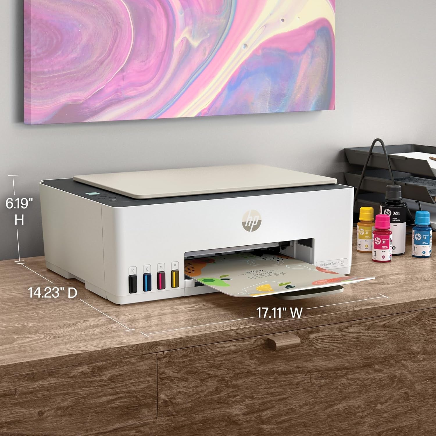 HP Smart Tank 5103 Wireless All-In-One Ink Tank Printer, Scanner,2 Years of Ink, 100 Sheets of Photo Paper Included, Cartridge-Free, Refillable, Ai-Enabled (5D1B2A)