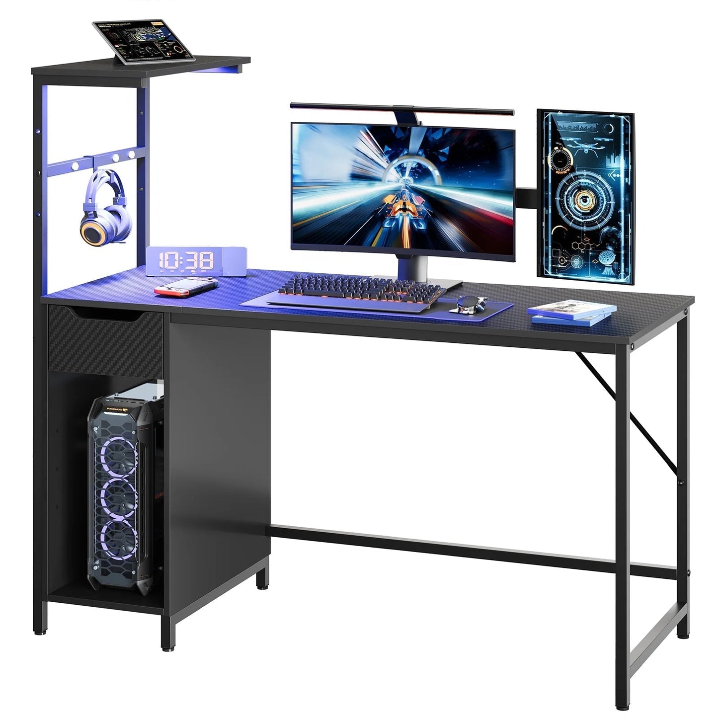 48-Inch LED Gaming Desk with Adjustable Shelf and Storage Drawer, Black