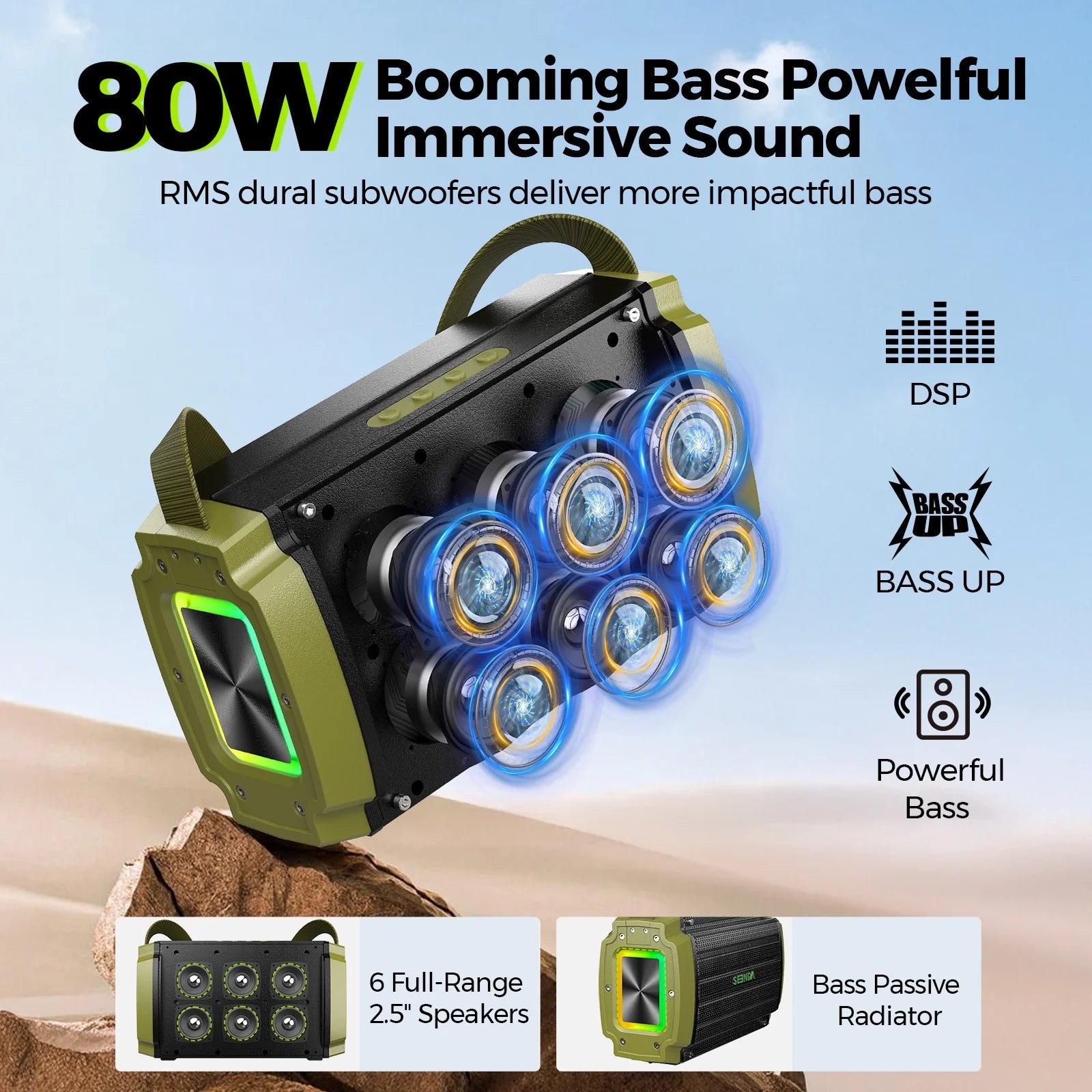 Bluetooth Speaker, 80W, Subwoofer, RGB Lights, 10H Playtime, IPX6 Waterproof Portable Wireless Speaker with Handle for Outdoors, Camping, Beach