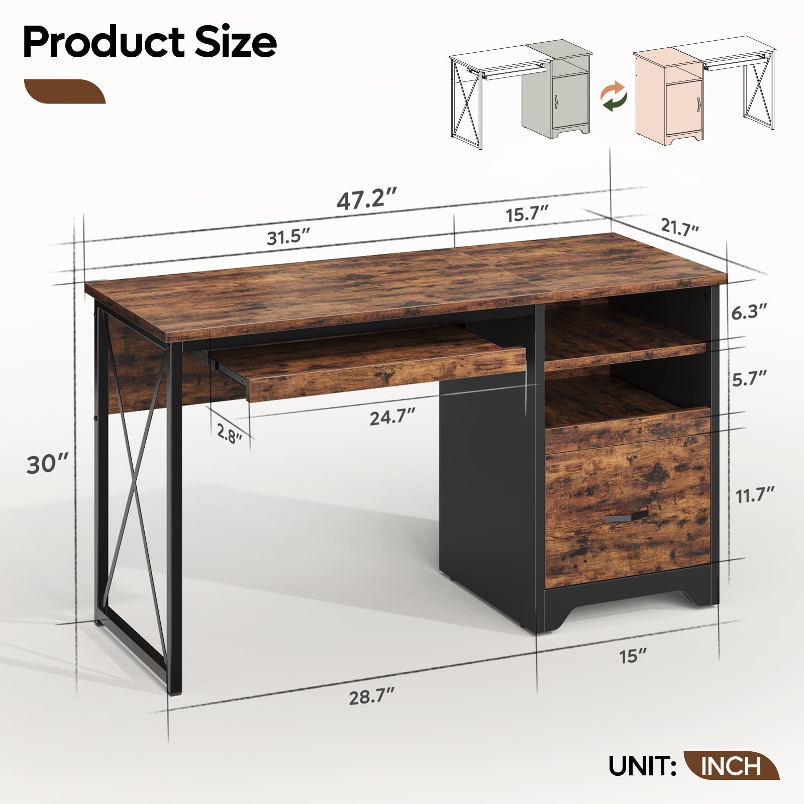 47 Inch Computer Desk with Storage File Drawer & Keyboard Tray, Home Office Writing Desk Work Study Table for Small Space, Rustic Brown
