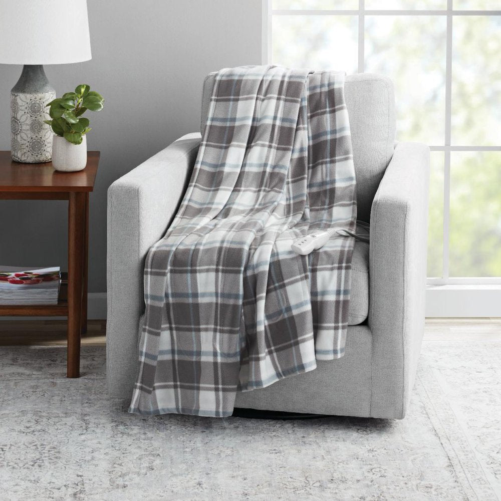 Soft Fleece Electric Heated Throw Blanket, Gray and White Plaid, 50"X60", All Ages