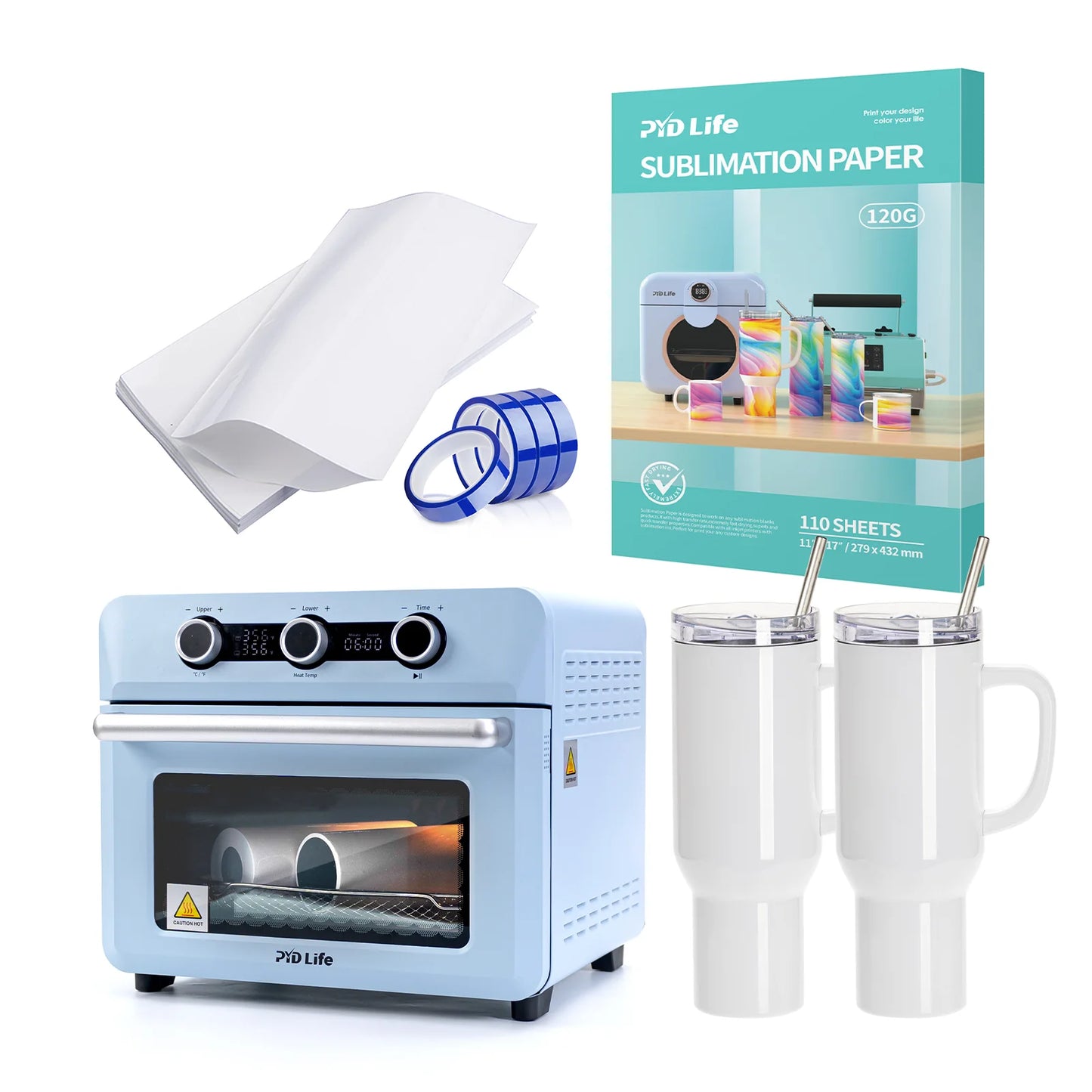 25 L Sublimation Oven Sublimation Starter Beginners Kit Bundle with 40 OZ Sublimation Tumblers,Sublimation Tape,Shrink Wrap Film and Sublimation Paper A4 Size