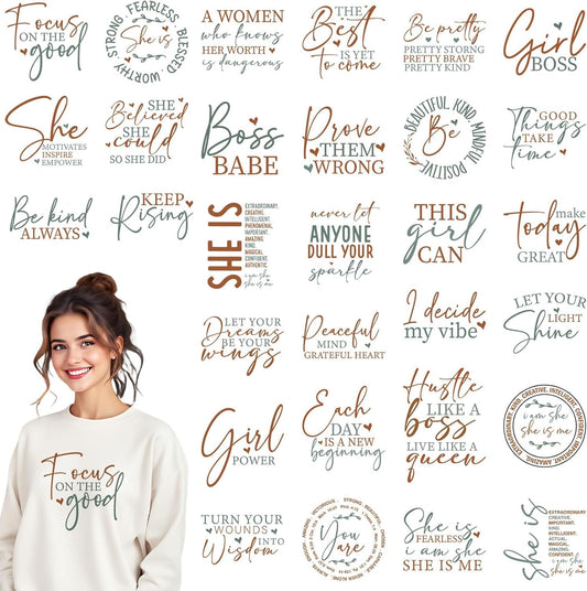 DTF Transfers Ready to Press - 30 Sheets Positive Quotes Iron on Transfers for T-Shirt Inspirational Iron on Decals Patches DIY Heat Vinyl Stickers for Clothing Pillow Hat Hoodie Bagpack
