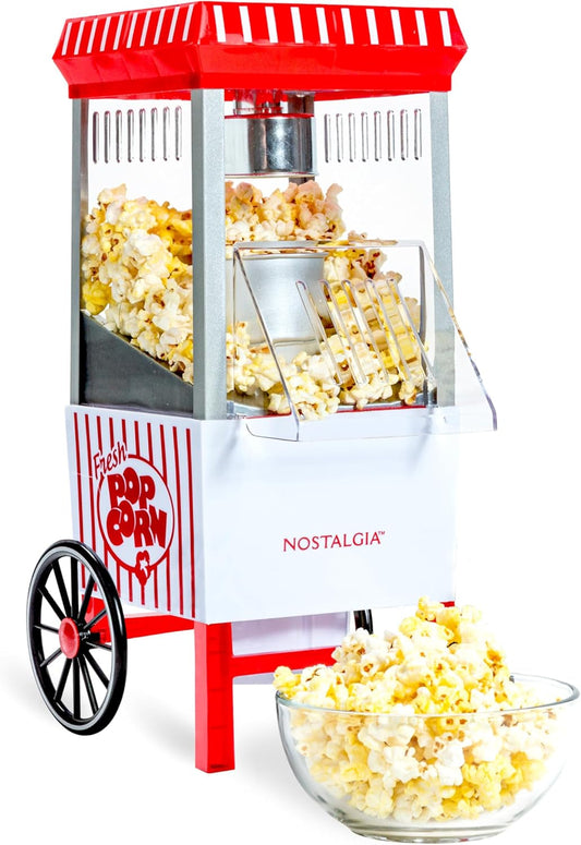 Nostalgia Vintage Hot-Air Popcorn Maker Machine - Makes up to 12 Cups - Oil-Free - Healthier Popcorn - Classic Stand-Up Cart with Wheels - Includes Kernel Measuring Cup - White & Red