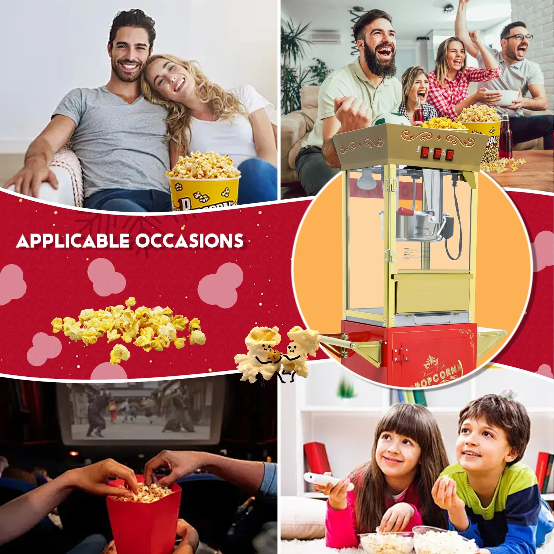 12OZ Popcorn Machine with Cart,  Movie Theater Popcorn Maker Machine with Stainless Steel Kettle, Tempered Glass, 8" Shelf, Popcorn Machine for Kids Party Home, Red