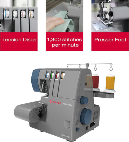 SINGER X5004-HD Metal Frame Serger & Overlock Machine | 2-3-4 Stitch Capability, 8 Built-In Stitches, 1300 Stitches per Minute, Adjustable Differential Feed & 2 LED Lights (Grey/Blue)