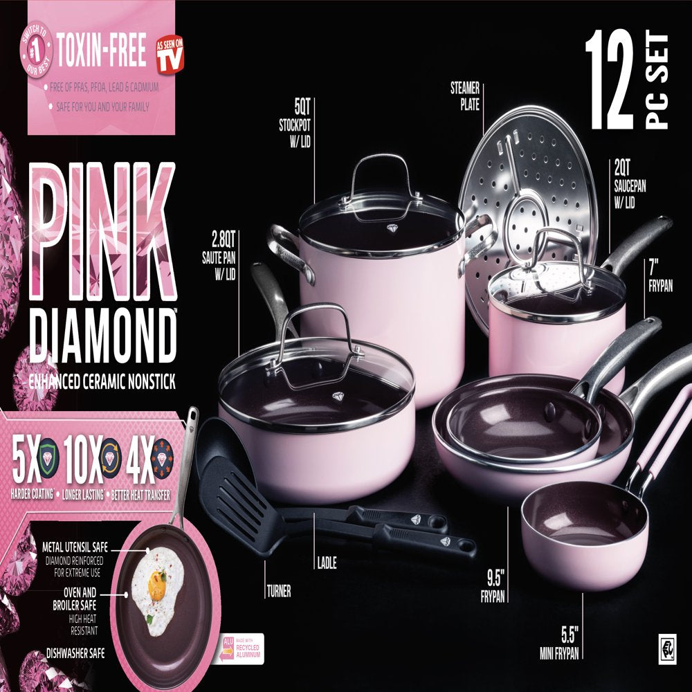 Toxin-Free Ceramic and Dishwasher Safe 12-Piece Pots and Pans Cookware Set, Pink