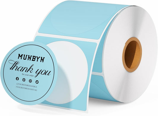 MUNBYN 2 Inch Blue Circle Thermal Sticker Labels, Self-Adhesive round Direct Thermal Labels for Logo Design, QR Code, Inventory, 750 Sheets/1 Roll