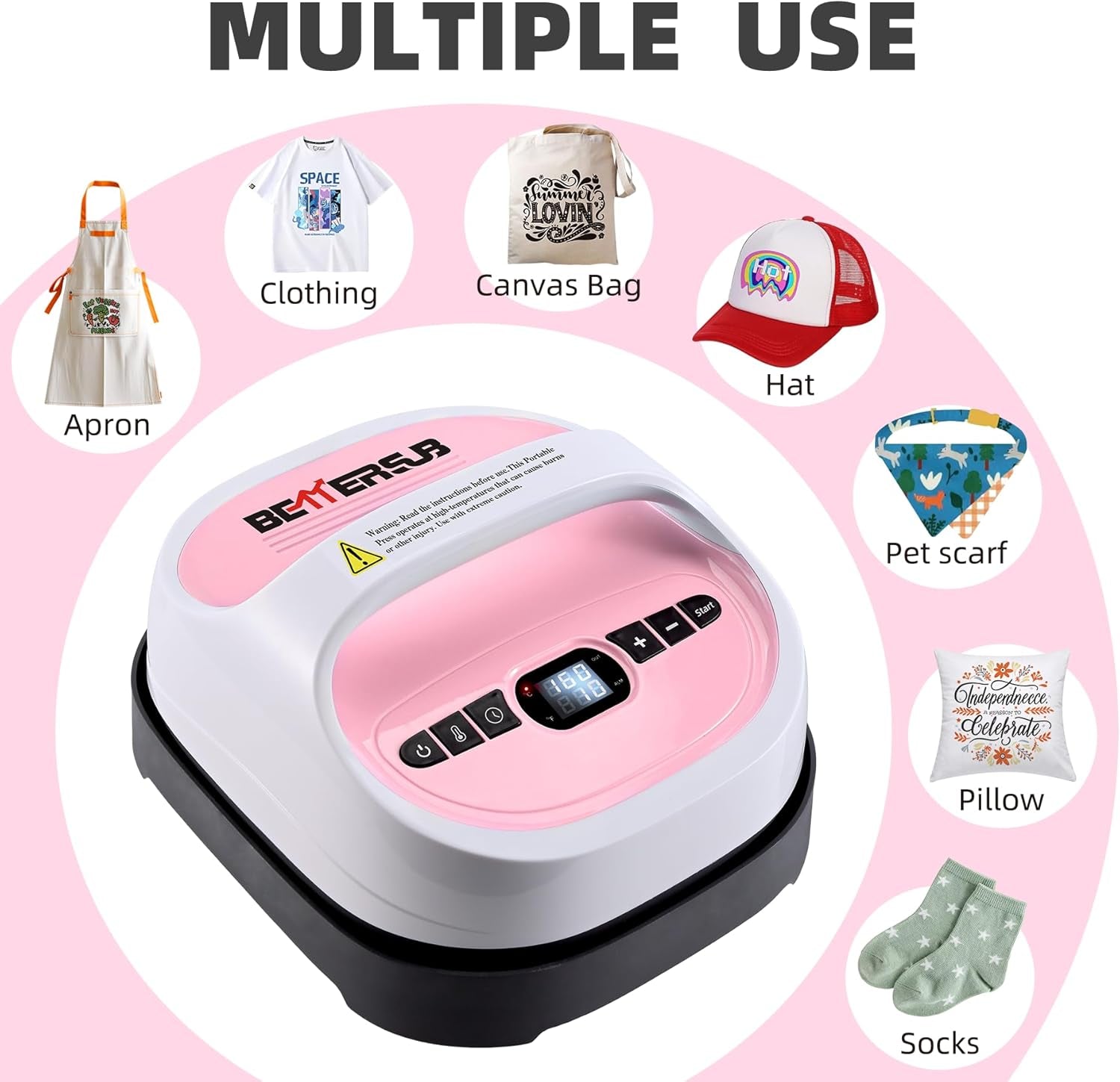 Bettersub Heat Press Machine for T-Shirts, Portable Heat Press, Iron Press for Sublimation and HTV Vinyl Shirt Press Machine for Hat, Bags, Heating Transfer Projects (8.27"×9.06" Pink)