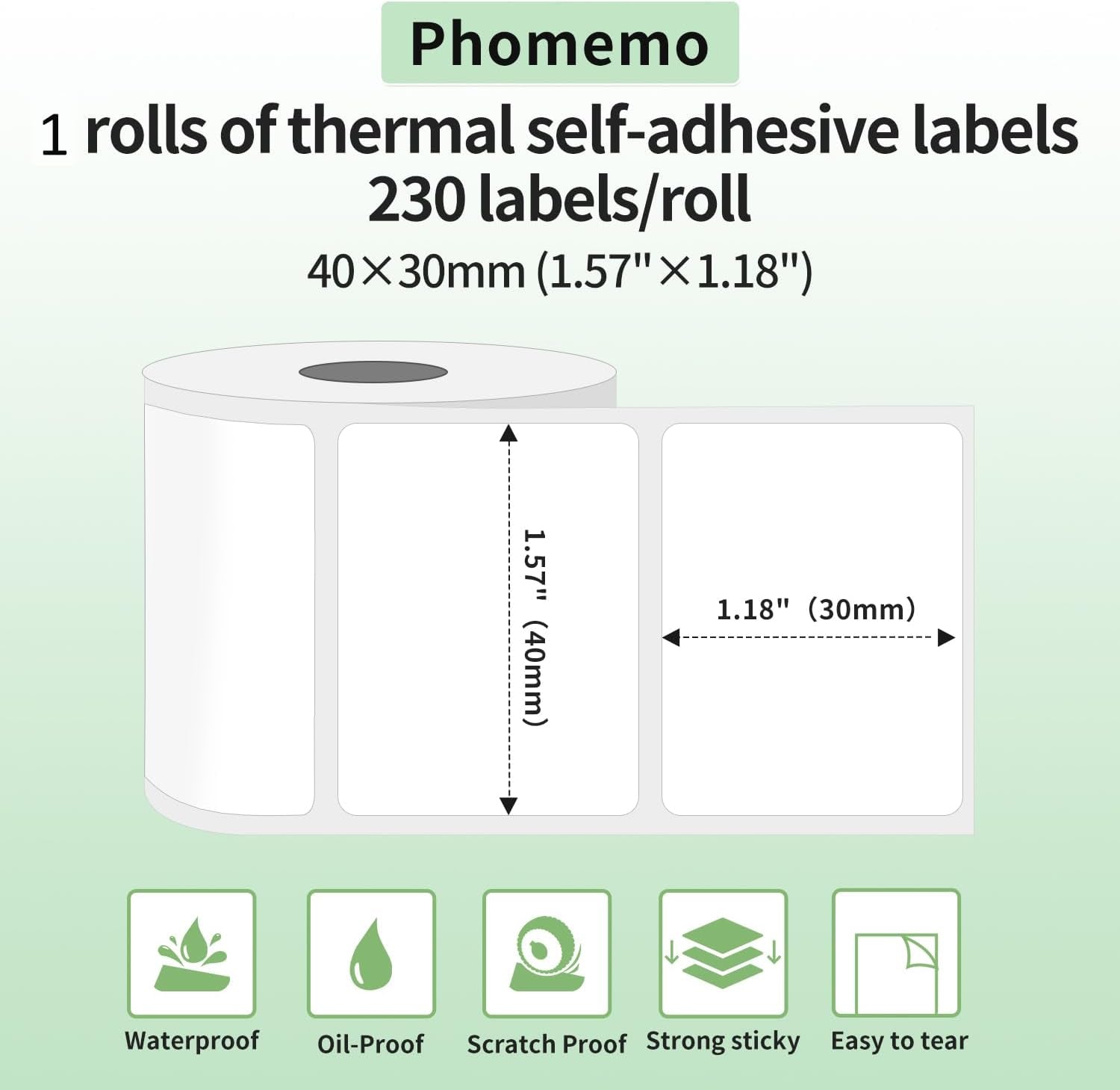 Phomemo Thermal Labels-For M110/M100/M220/M221/M108,1.57"X1.18"(40X30Mm),Name Labels for Kids/School, 230 Labels/Roll, for Barcode/Address/Mailing/Logo/Business/Home