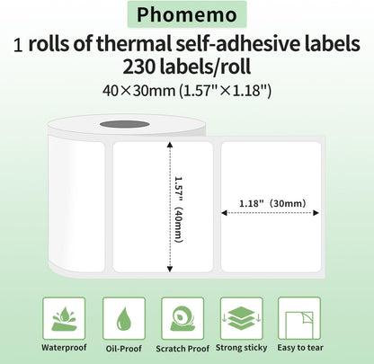 Phomemo Thermal Labels-For M110/M100/M220/M221/M108,1.57"X1.18"(40X30Mm),Name Labels for Kids/School, 230 Labels/Roll, for Barcode/Address/Mailing/Logo/Business/Home