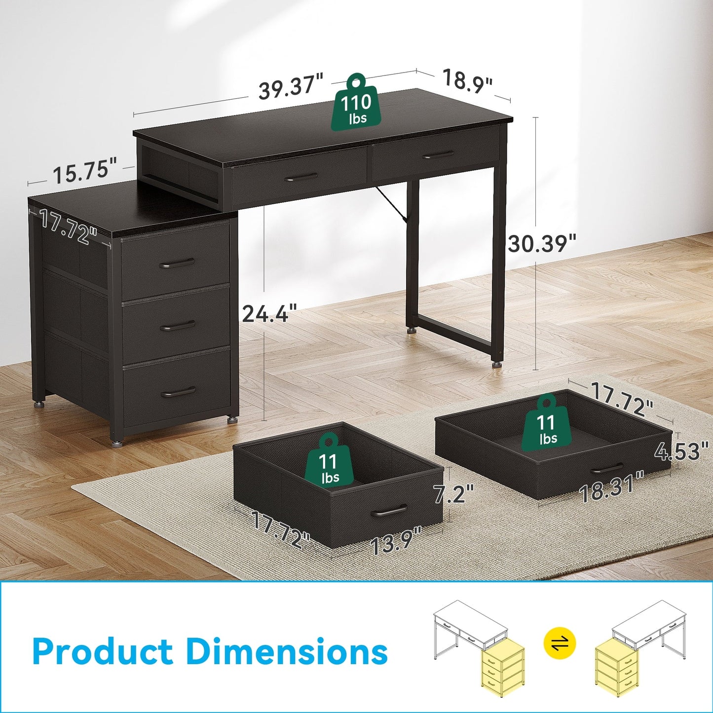 Computer Desk with 5 Drawers, Reversible Home Office Desks with Printer Stand, Study Writing Table Workstation for Small Spaces, Black