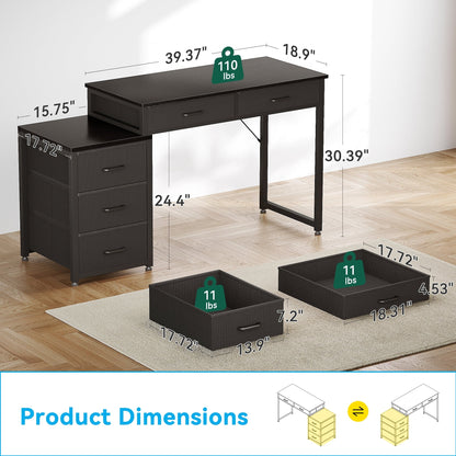 Computer Desk with 5 Drawers, Reversible Home Office Desks with Printer Stand, Study Writing Table Workstation for Small Spaces, Black