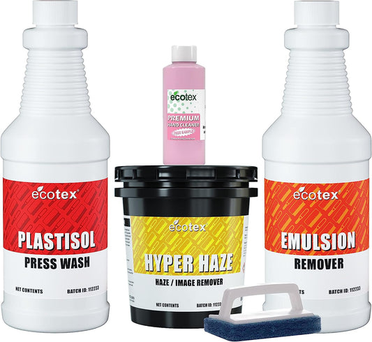 Ecotex® Screen Printing Cleaning Kit - Emulsion Remover - Press Wash Plastisol Ink Cleaner, Hyper Haze Remover and Degreaser, Premium Hand Cleaner and Scrub Pad - Screen Printing Supplies