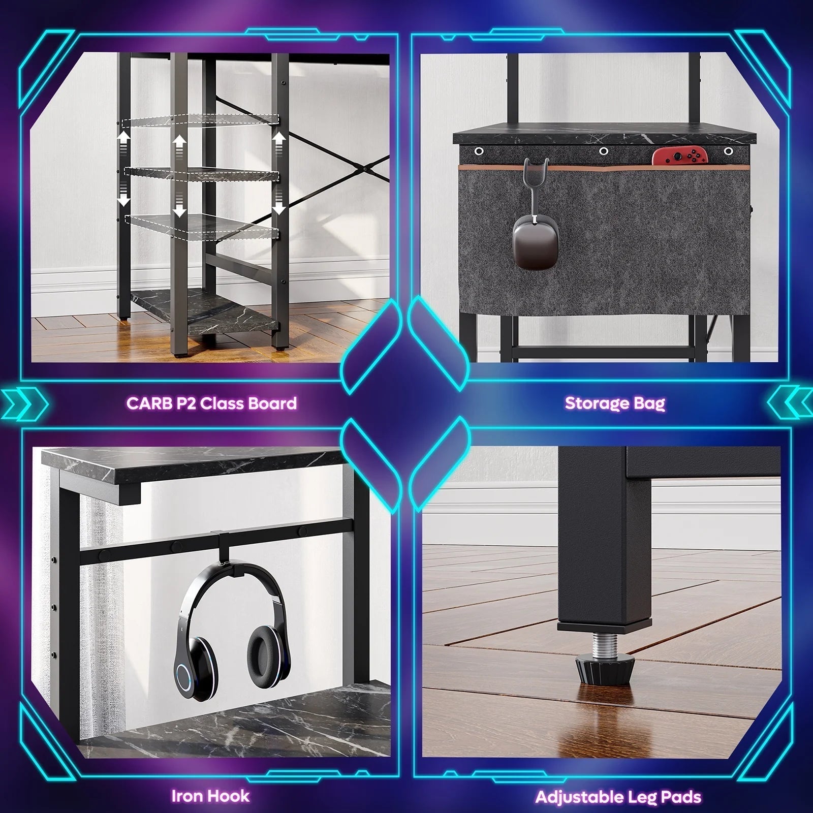 Reversible 44 Inch Computer Desk with LED Lights Gaming Desk with 4 Tier Shelves Black Marble