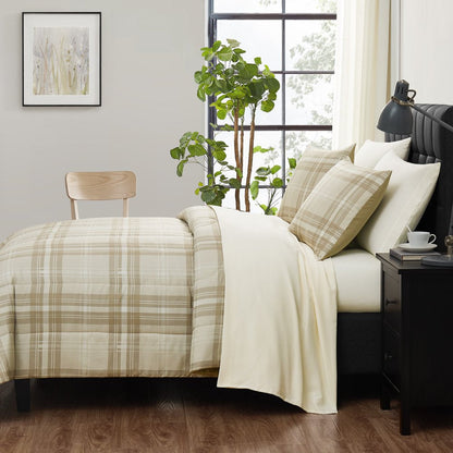 7-Piece Reversible Beige Plaid Bed in a Bag Comforter Set with Sheets, King