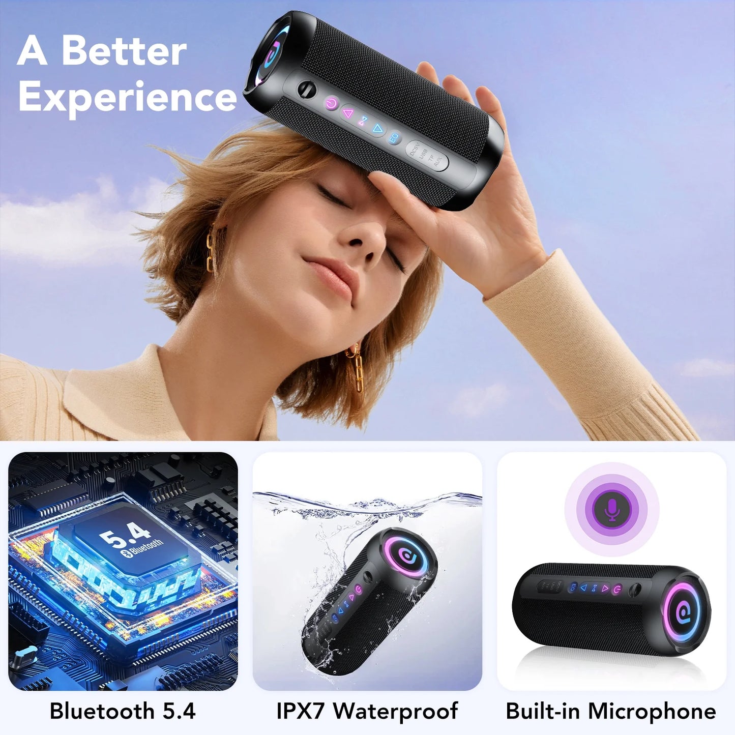 Portable Bluetooth Speaker IPX7 Waterproof, 30W Loud Sound, Deep Bass, Bluetooth 5.4, LED Lights, Wireless Stereo Pairing, 24H Playtime, for Home/Outdoor/Party/Beach, Birthday Gift (Black)