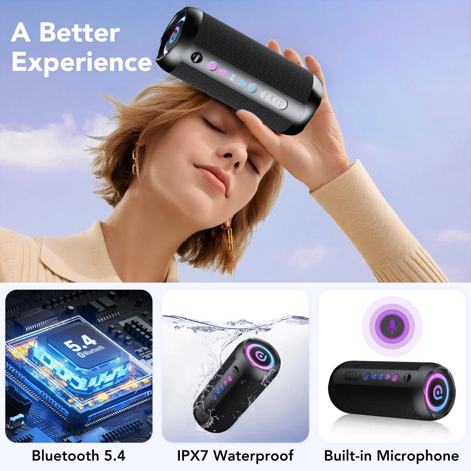 Portable Bluetooth Speaker IPX7 Waterproof, 30W Loud Sound, Deep Bass, Bluetooth 5.4, LED Lights, Wireless Stereo Pairing, 24H Playtime, for Home/Outdoor/Party/Beach, Birthday Gift (Black)