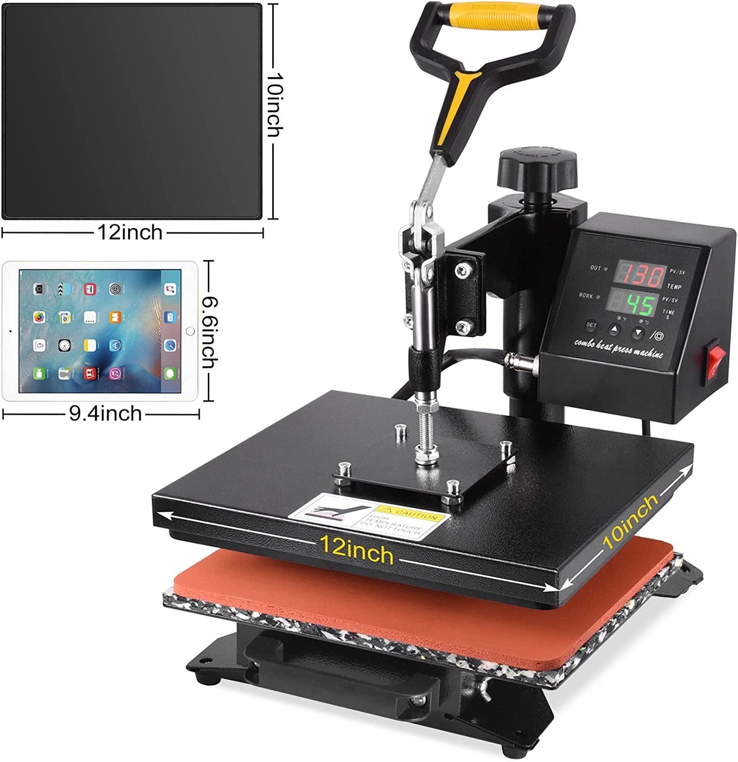 Heat Press 12" X 10" Professional Heat Transfer Digital Sublimation Machine 360 Degree Swing Away for T Shirts with Bonus 2 Teflon Sheet