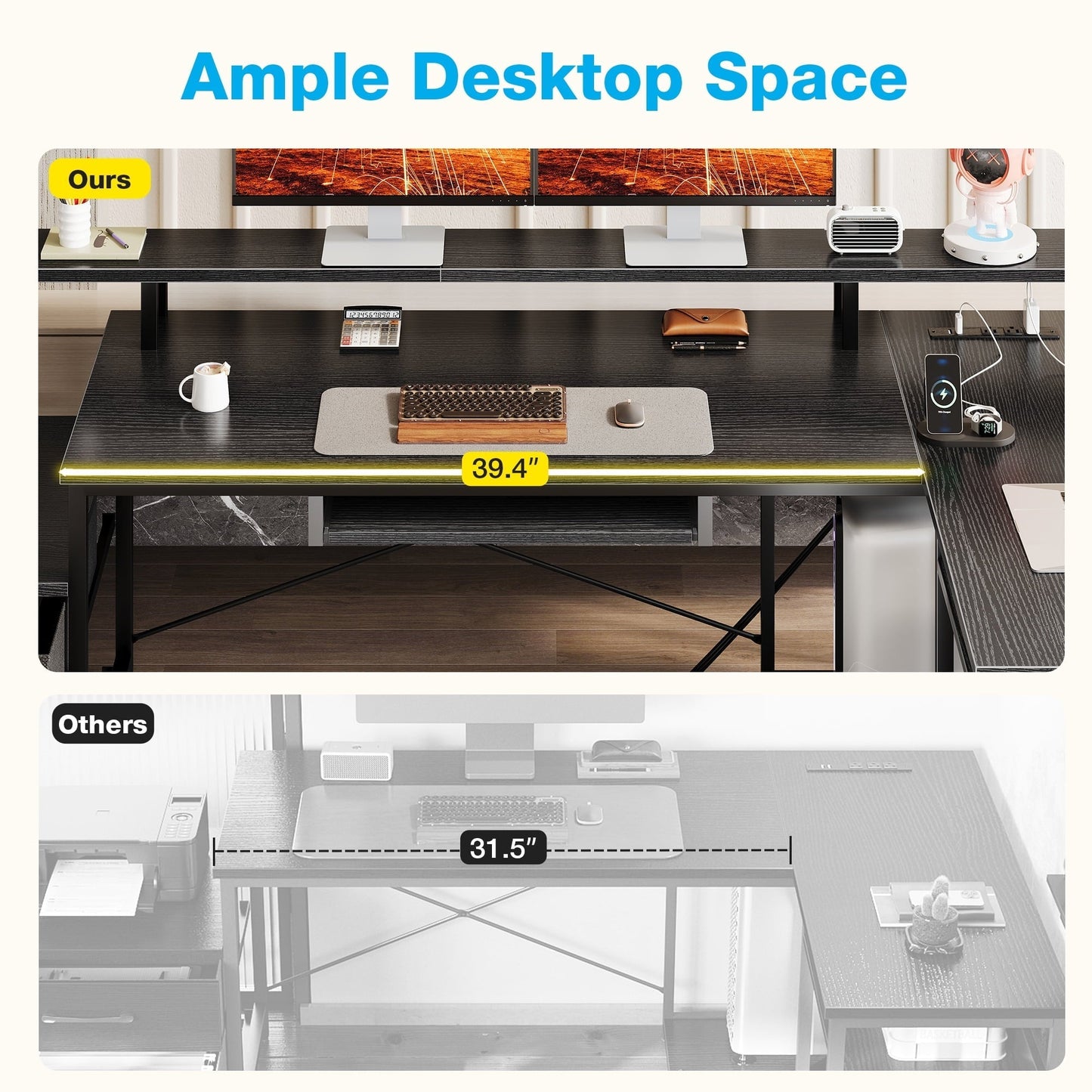66" Reversible L Shaped Desk with File Drawer & Power Outlet, Modern Computer Desk with Keyboard Tray & LED Strip, Office Table with Storage Shelves, Gaming Desk with Monitor Shelf, Black
