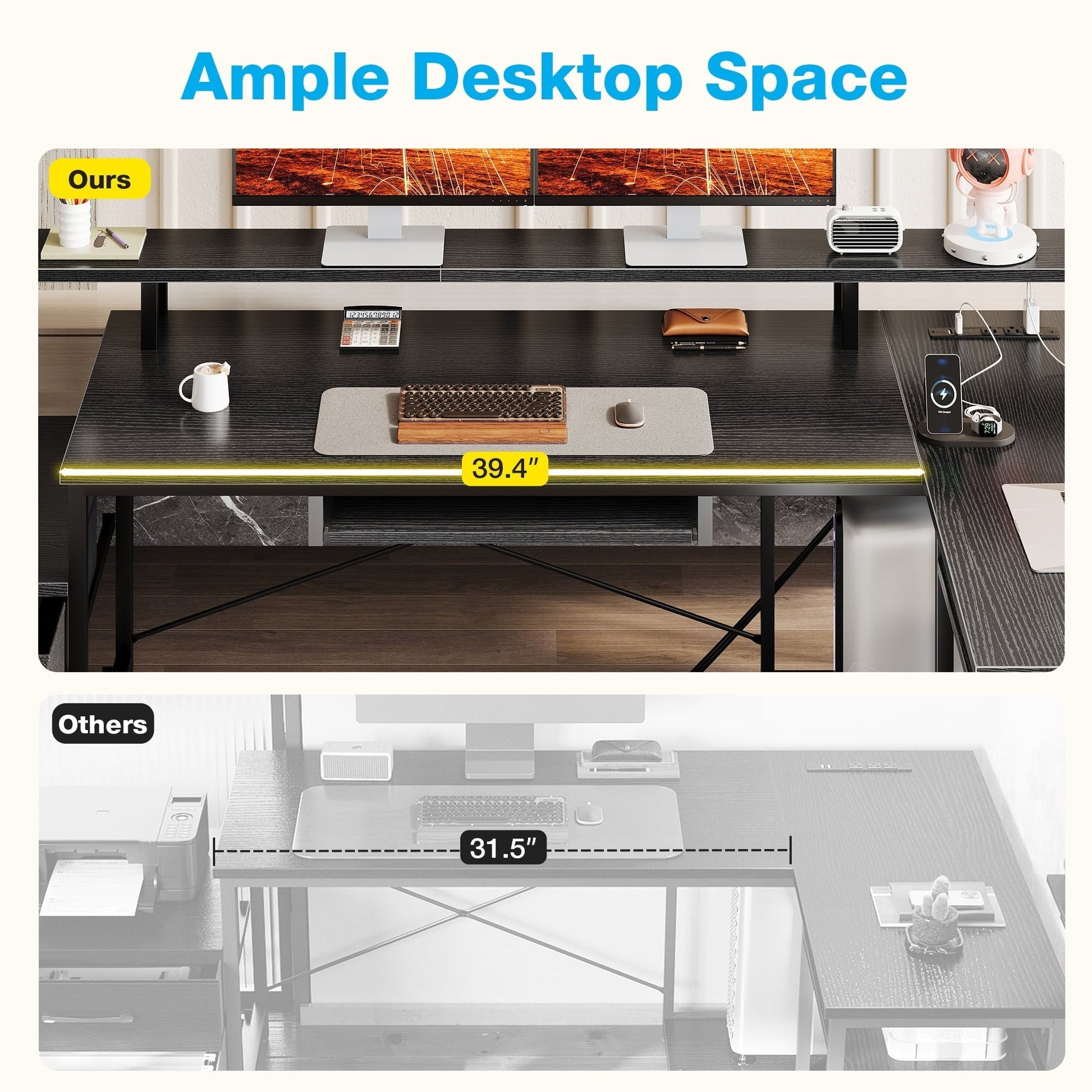 66" Reversible L Shaped Desk with File Drawer & Power Outlet, Modern Computer Desk with Keyboard Tray & LED Strip, Office Table with Storage Shelves, Gaming Desk with Monitor Shelf, Black