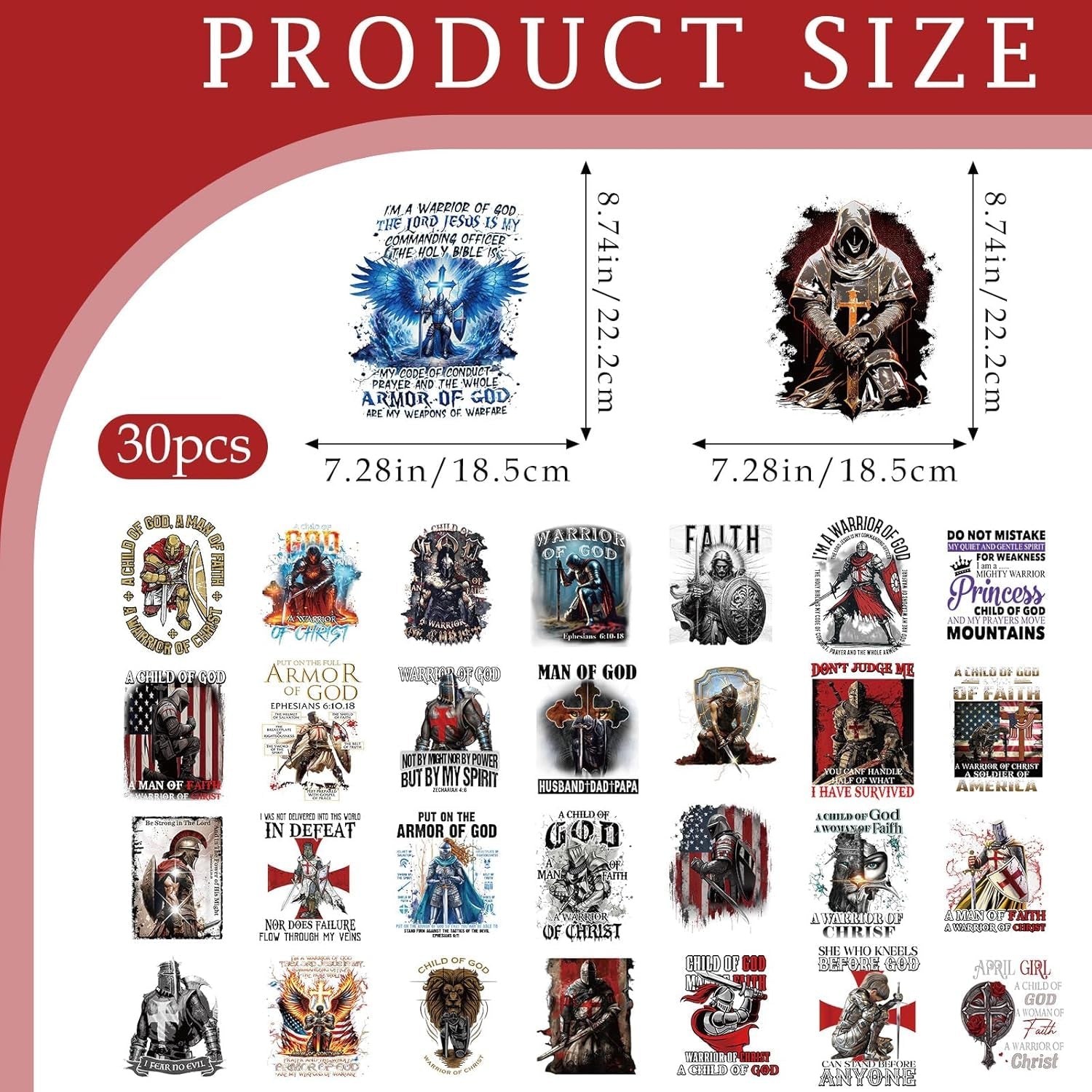DTF Transfers Ready to Press - 30 PCS Christian Iron on Transfers for T-Shirts, Warrior of God Heat Decals Stickers for Hat Pillow Covers Backpack Clothes DIY Crafts Decor