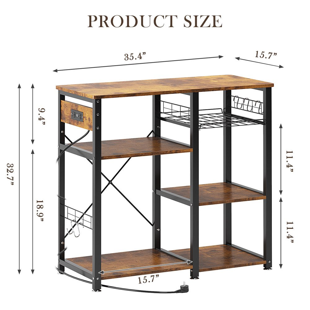 Kitchen Trolley 3-Tier Muti-Functional Kitchen Baker Rack with USB Port and Light Strip- Brown