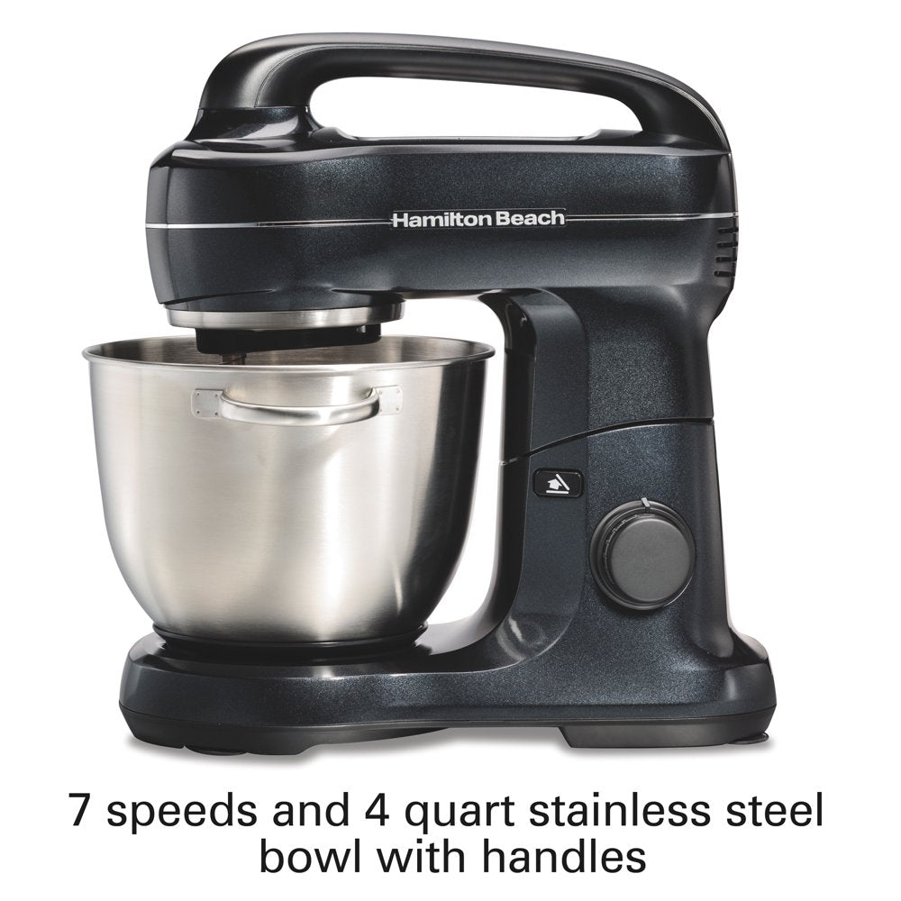 Electric Stand Mixer with 4 Quart Stainless Bowl, 7 Speeds, Whisk, Dough Hook, and Flat Beater Attachments, Splash Guard, 300 Watts, Black, 63394