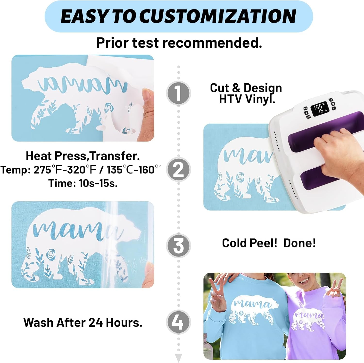 Heat Transfer Vinyl White Iron on Vinyl for All Cutter Machine - 12" X 10Ft HTV Vinyl for Shirts, Easy to Cut & Weed