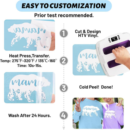 Heat Transfer Vinyl White Iron on Vinyl for All Cutter Machine - 12" X 10Ft HTV Vinyl for Shirts, Easy to Cut & Weed