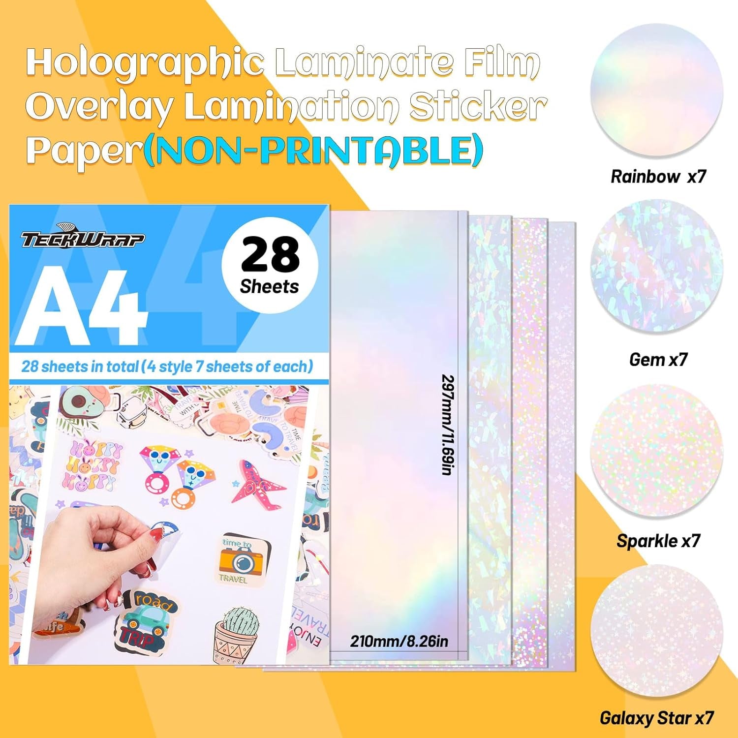 Holographic Laminate Sheets for Stickers Self Adhesive Vinyl Laminating Sheets Holographic Sticker Paper Clear Vinyl for Inkjet Printer 8.26" X 11.69" A4 28 Sheets (Rainbow,Gem,Star, Sparkle)