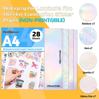 Holographic Laminate Sheets for Stickers Self Adhesive Vinyl Laminating Sheets Holographic Sticker Paper Clear Vinyl for Inkjet Printer 8.26" X 11.69" A4 28 Sheets (Rainbow,Gem,Star, Sparkle)