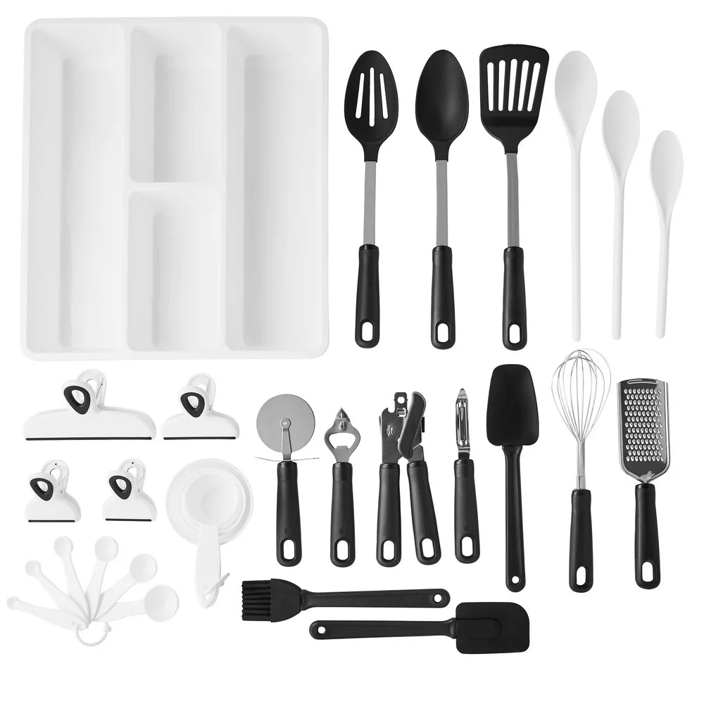 30-Piece Kitchen Gadget Set with Cooking Utensils, Measuring Cups, Clips, and Drawer Organizer, Black/White