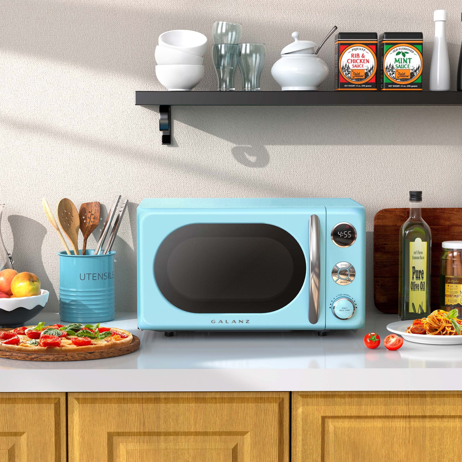 0.7 Cu Ft Retro Countertop Microwave Oven, 700 Watts, Blue, New