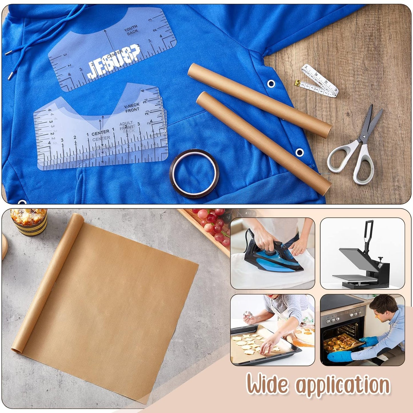 18 Pieces PTFE Sheets for Heat Press 12 X 16 Inch, T Shirt Alignment Ruler and Heat Resistant Tape 0.4 Inch X 36 Yd and PVC Tape Measure Set T Shirt Ruler Guide for Vinyl Alignment