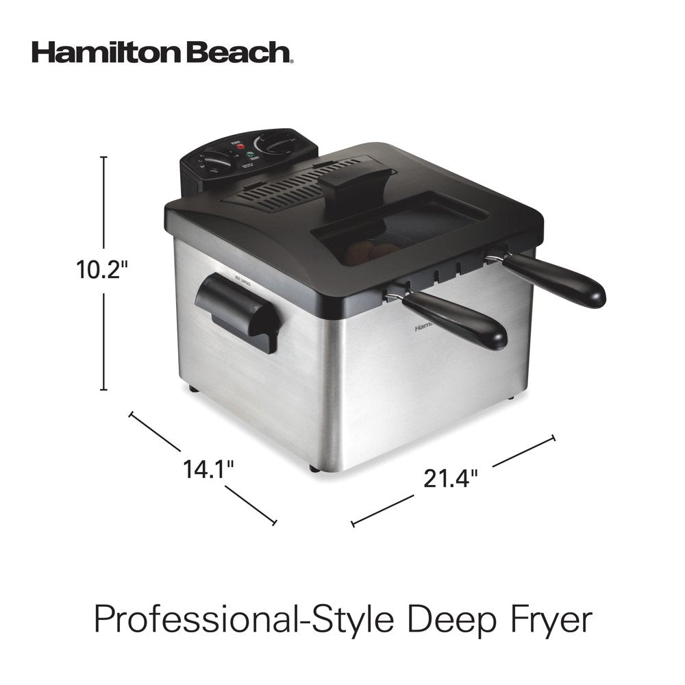 Professional-Style Deep Fryer with 2 Frying Baskets, 4.7 Quart or 19 Cup Oil Capacity, Lid with View Window, Stainless Steel, 35036