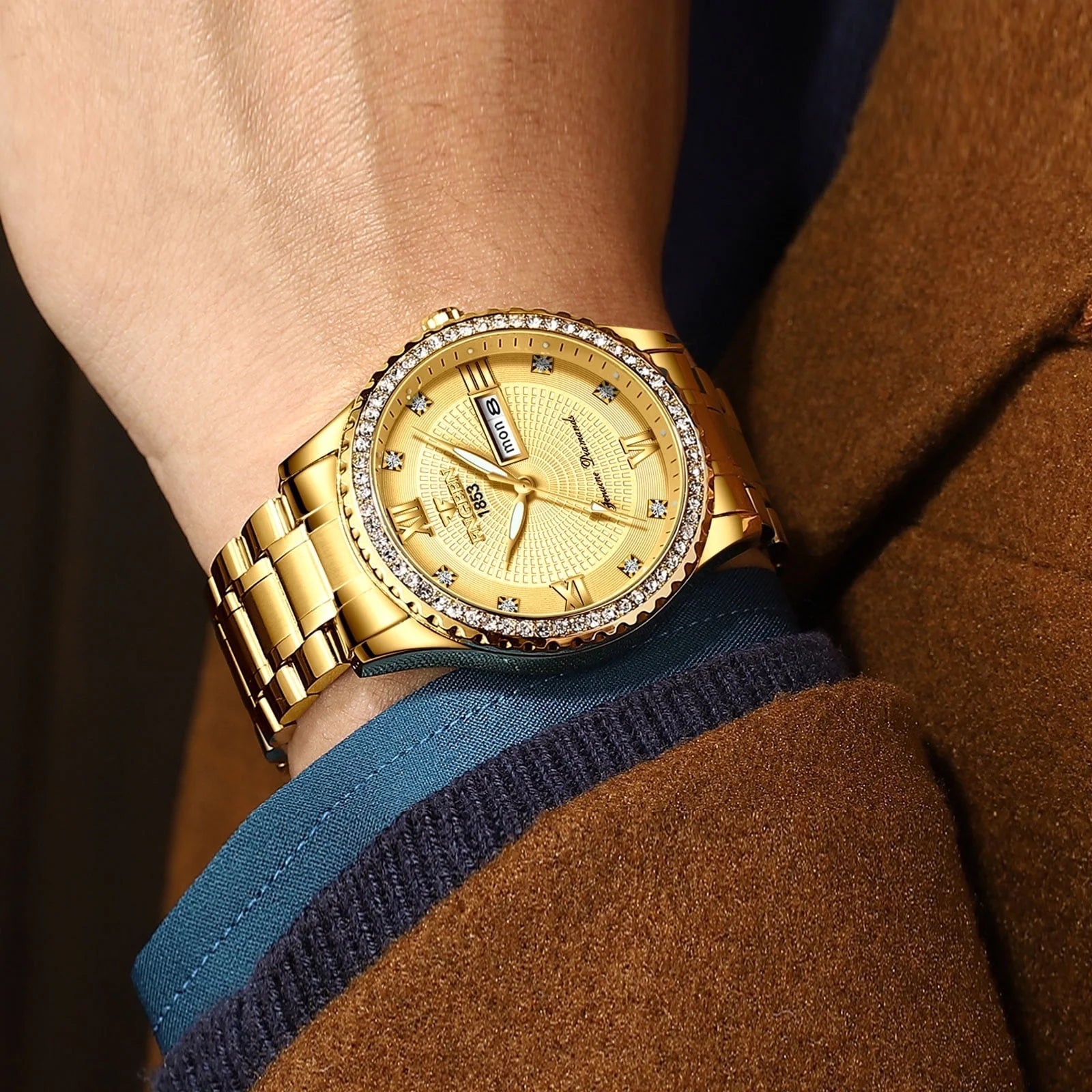 Classic Diamond Gold Watches for Men, Stainless Steel Waterproof Dress Watch, Men'S Quartz Analog Wristwatch