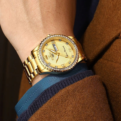 Classic Diamond Gold Watches for Men, Stainless Steel Waterproof Dress Watch, Men'S Quartz Analog Wristwatch