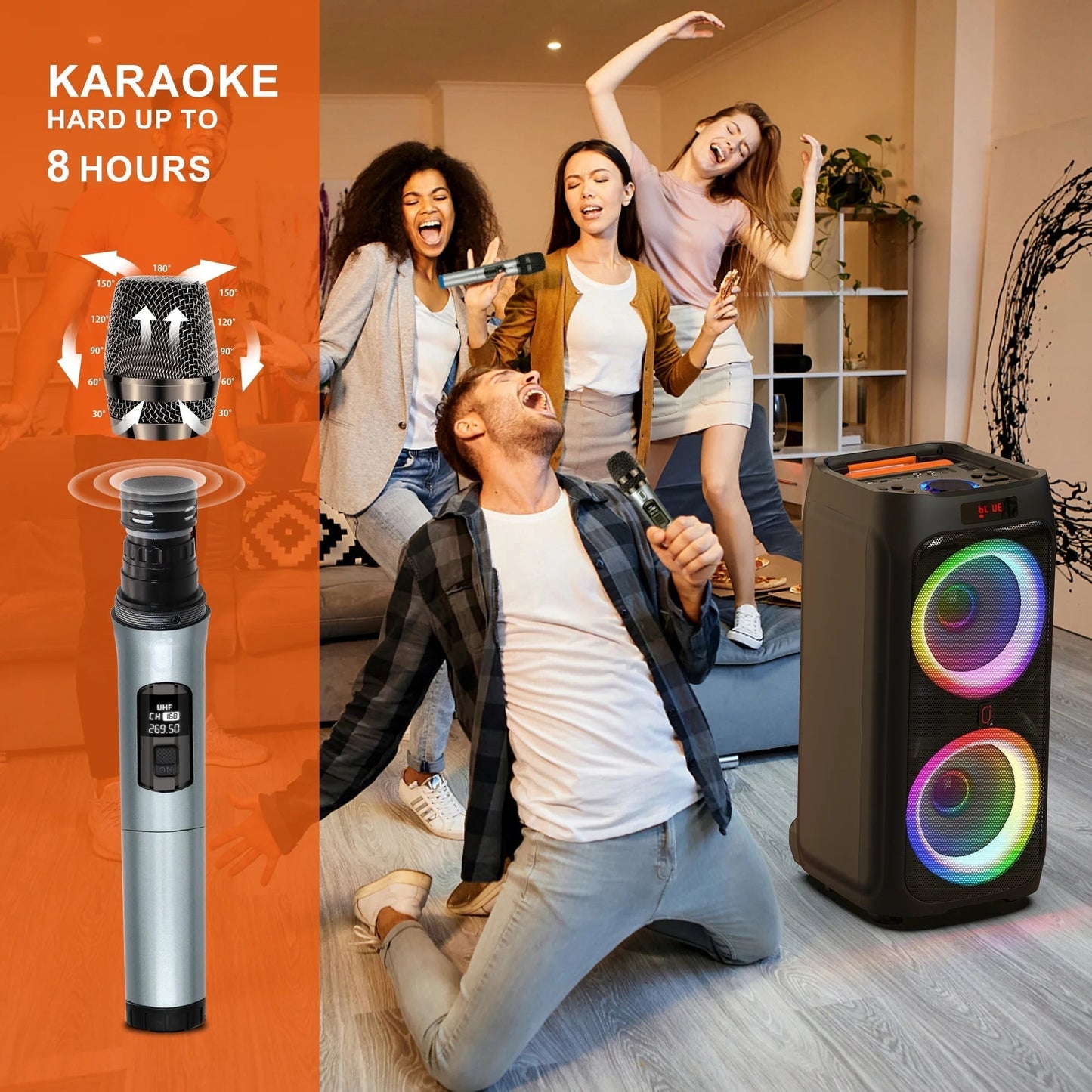Large Party Speaker, Bluetooth Speaker with Wheels, Trolley Bar, LED Party Light, 2 Microphones