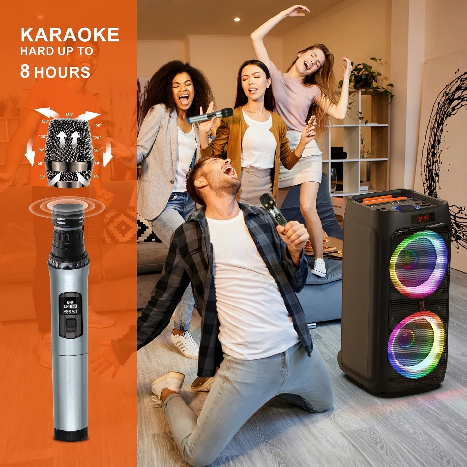 Large Party Speaker, Bluetooth Speaker with Wheels, Trolley Bar, LED Party Light, 2 Microphones