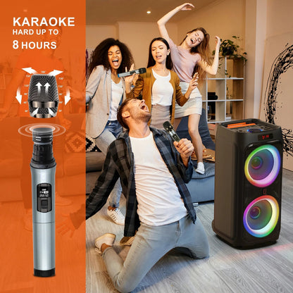 Large Party Speaker, Bluetooth Speaker with Wheels, Trolley Bar, LED Party Light, 2 Microphones