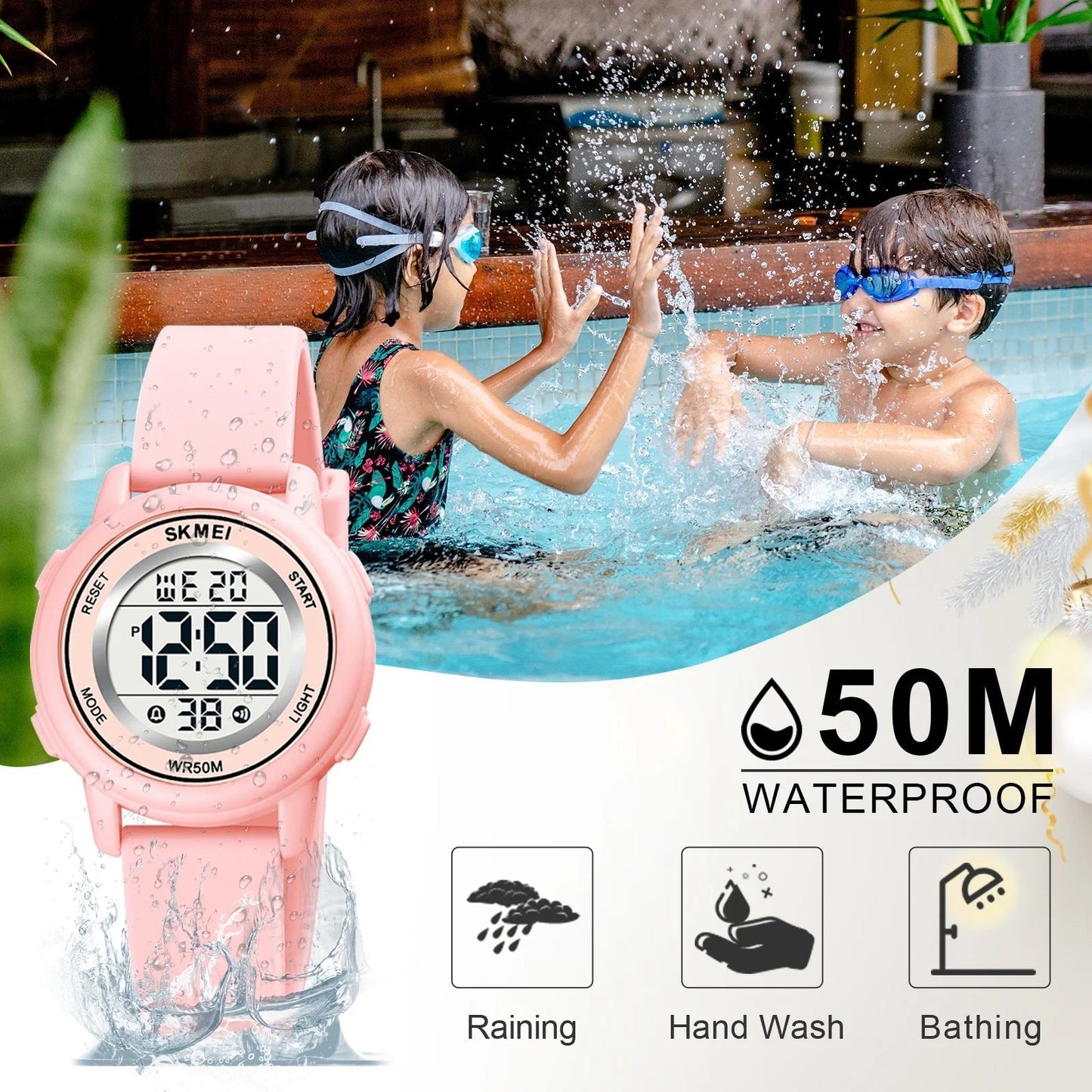 Kids Digital Watch, 50M Waterproof Sport Watch for Kids Girls Boys, Multifunction Luminous Watches Birthday Christmas Gifts for Children 5-7-10-12-Year-Old, Pink
