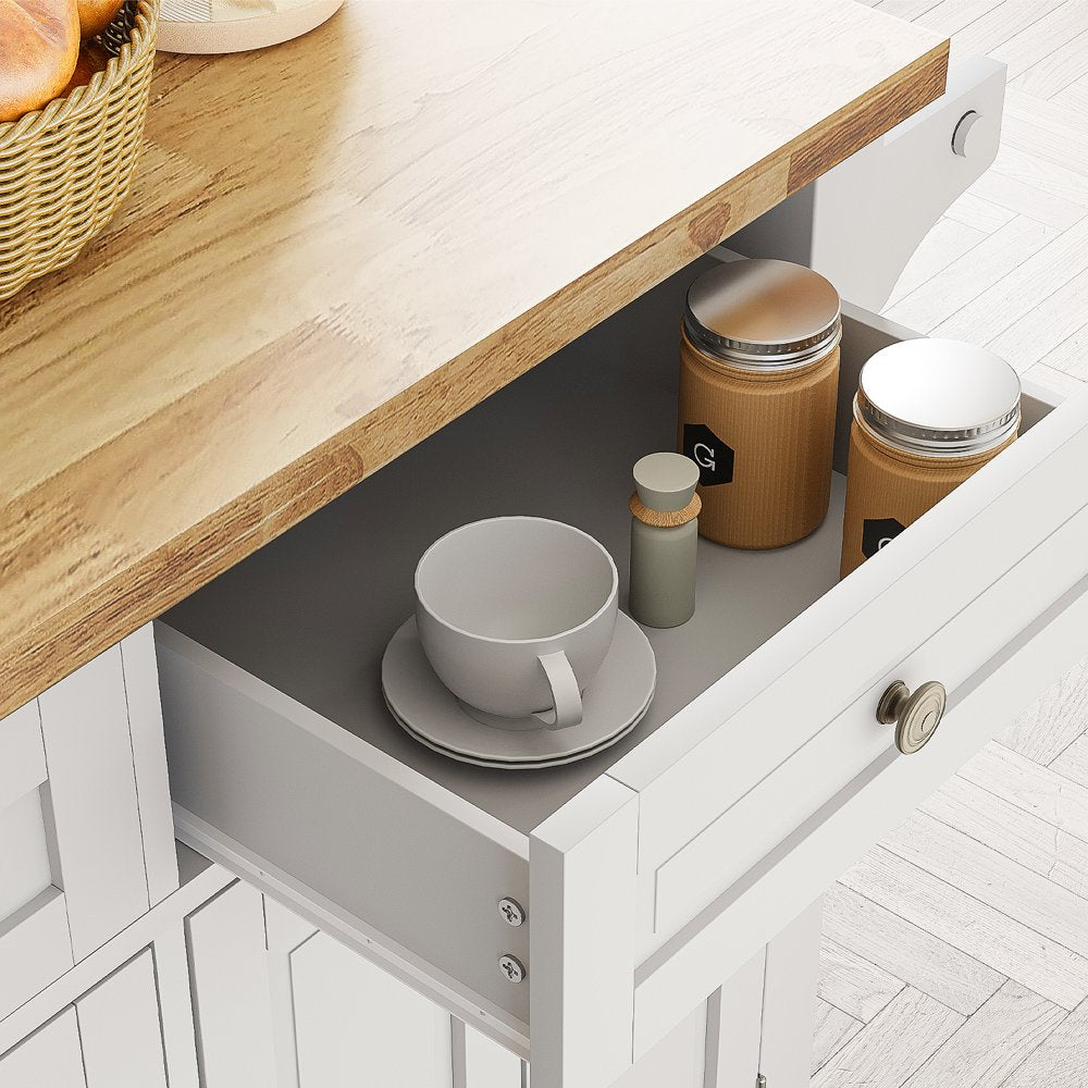 Rolling Kitchen Island, Kitchen Cart with Rubber Wood Countertop, Lockable Casters, Adjustable Shelves, Matte(White-43.3"X17.7"X32.5")