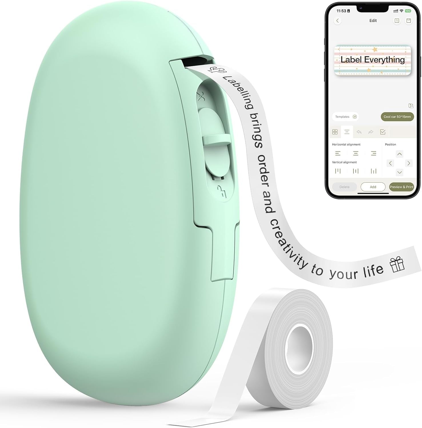 E10 Bluetooth Label Maker Machine with Tape, Continuous Waterproof Label, Versatile App with 35 Fonts and 1K+ Icons, Label Printer for Home, Kitchen, School, Office Organization, Green