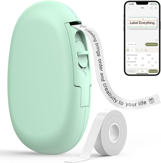 E10 Bluetooth Label Maker Machine with Tape, Continuous Waterproof Label, Versatile App with 35 Fonts and 1K+ Icons, Label Printer for Home, Kitchen, School, Office Organization, Green