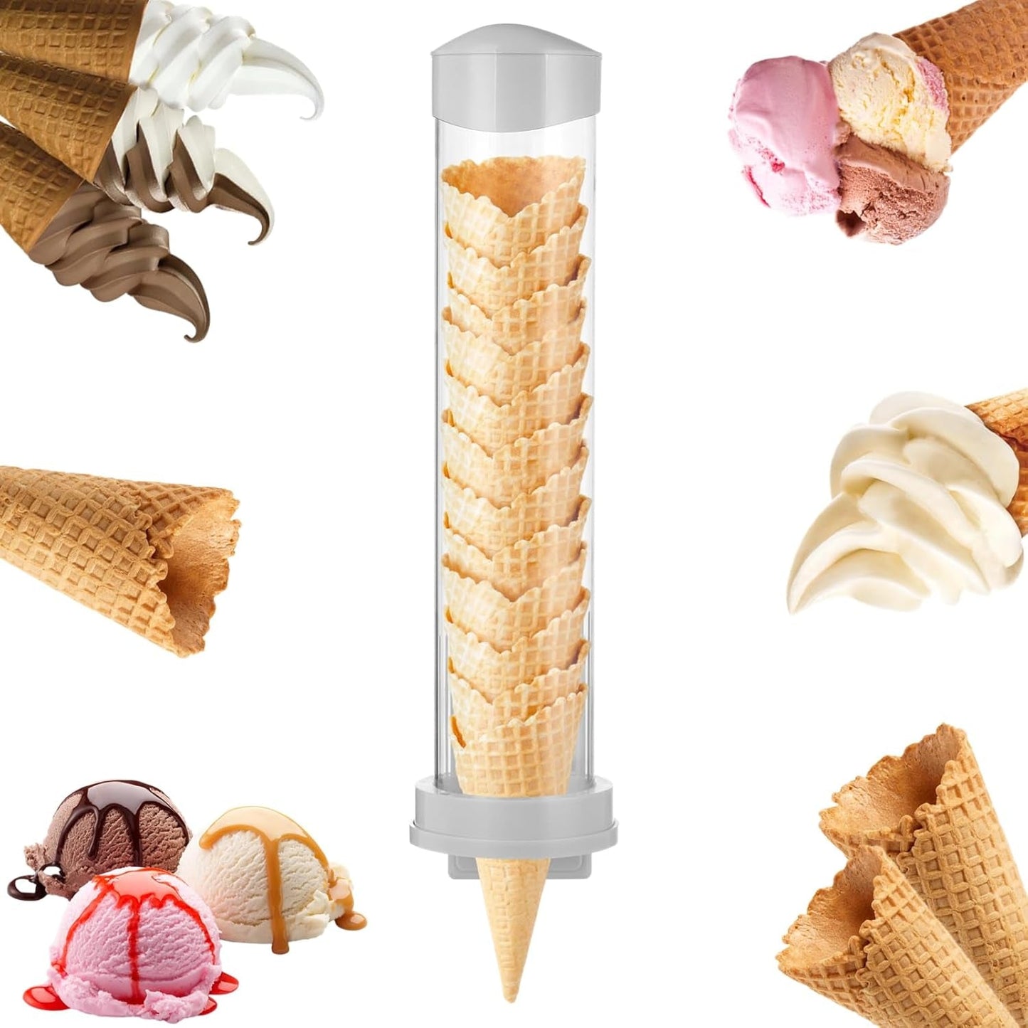 16'' Resturant Ice Cream Cone Dispenser (Commercial), Fit for Most Cone & Waffle Cone on Market, Self Adhesive Wall Mount Cone Holder for Coffee Dounut Store Ice Cream Machine, Easy to Clean (1PCS)