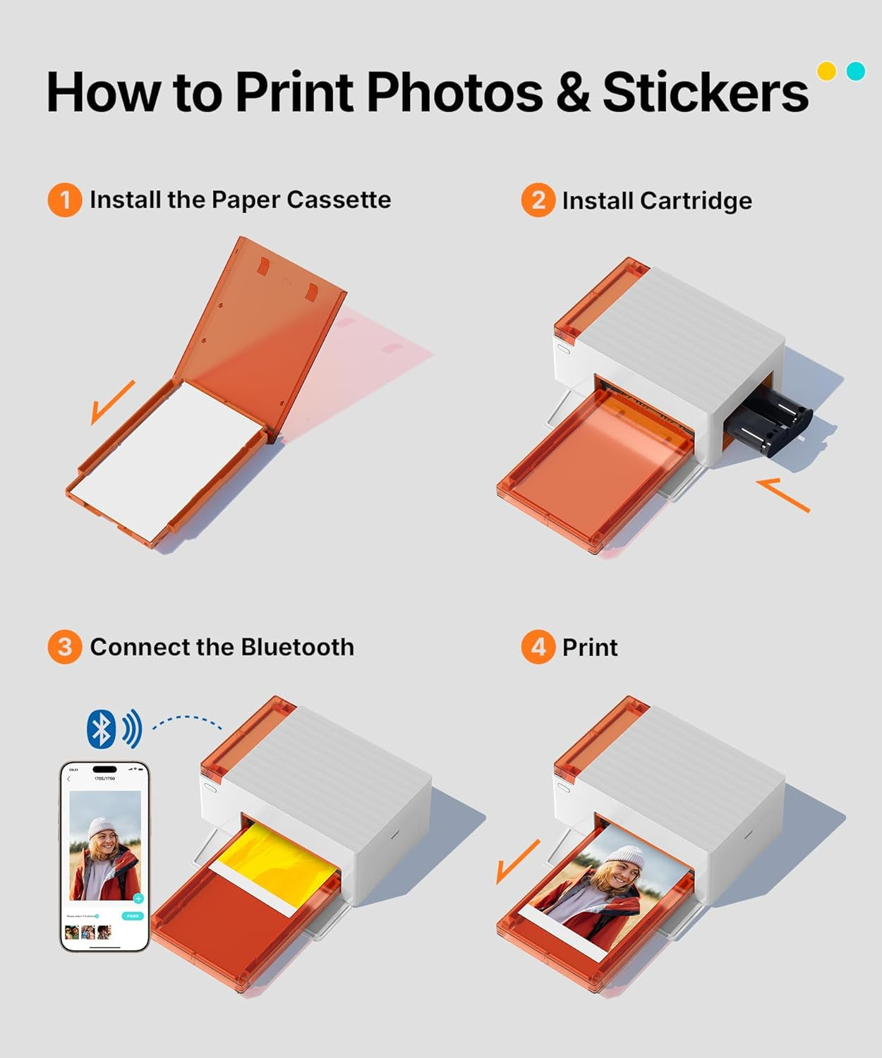 Liene Amber M110 Bluetooth Photo Printer 80 Sheets, Portable Photo Printer for Iphone, Thermal Dye Sublimation, Picture Printer 60 Sheets 4X6 Paper & 20 Sheets 3" Square Sticker Paper & 2 Cartridges