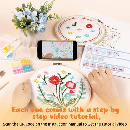 Bead Embroidery Kit for Beginners 3 Sets Bling Bling Bead Embroidery Kit with Step by Step Stitch Video & Instructions, Three-Dimensional Starter Embroidery Set with 19 Stitches for Gift