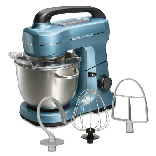 Electric Stand Mixer with 4 Quart Stainless Bowl, 7 Speeds, Whisk, Dough Hook, and Flat Beater Attachments, Splash Guard, 300 Watts, Blue, 63393